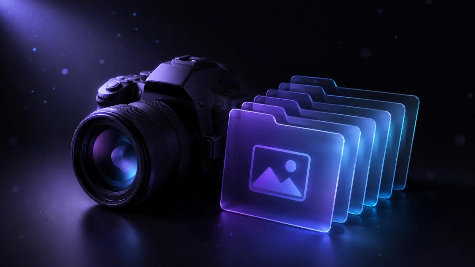 A camera beside translucent CR2, NEF, ARW and DNG RAW file cards